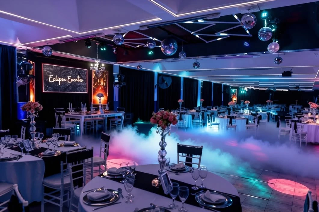 Salón Eclipse Eventos ambientado con luces y mesas puestas para una fiesta